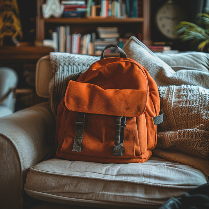 Una mochila tumbada en un sofá | Fuente: Midjourney