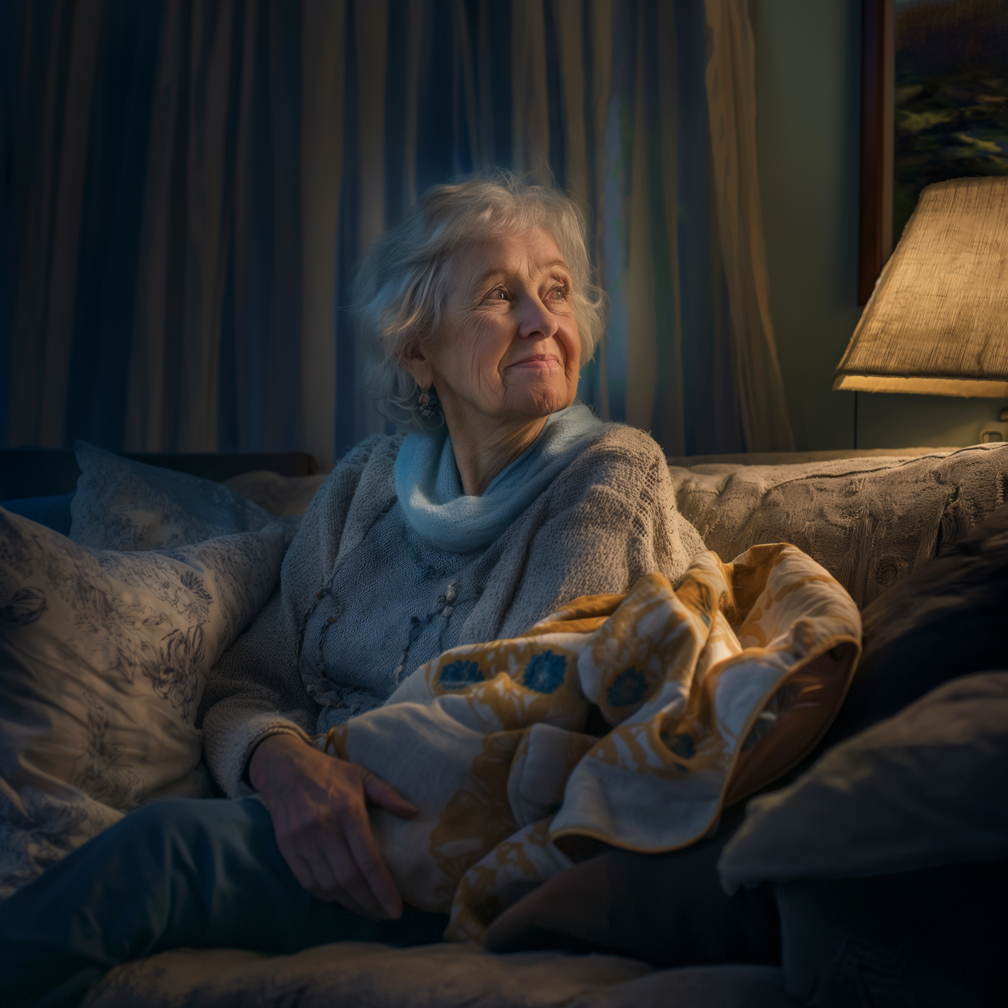 Una abuela sonríe sentada en un sofá por la noche | Fuente: Midjourney