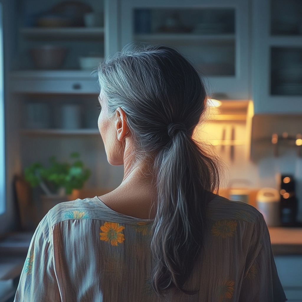 Un plano posterior de una mujer de pie en la cocina | Fuente: Midjourney