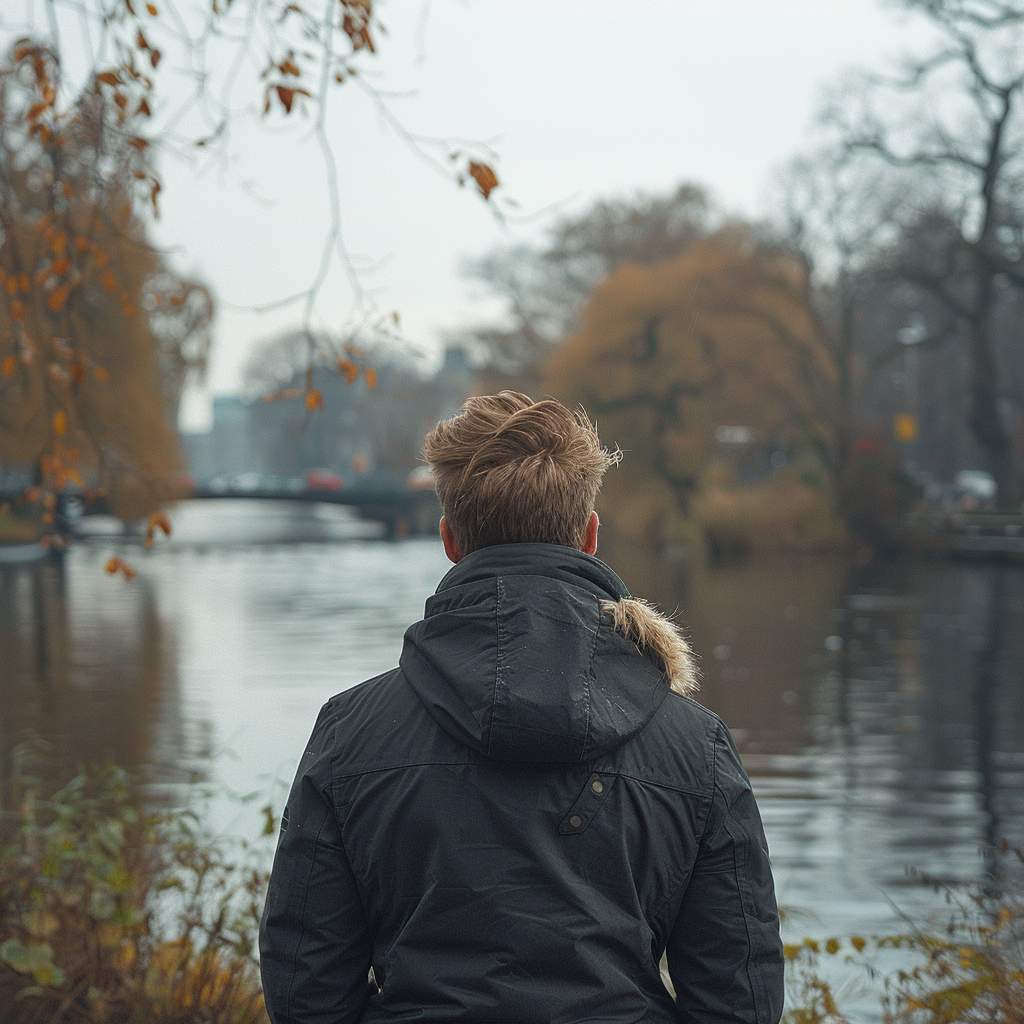 Vista trasera de un hombre mirando a un río y admirando la vista | Fuente: Midjourney