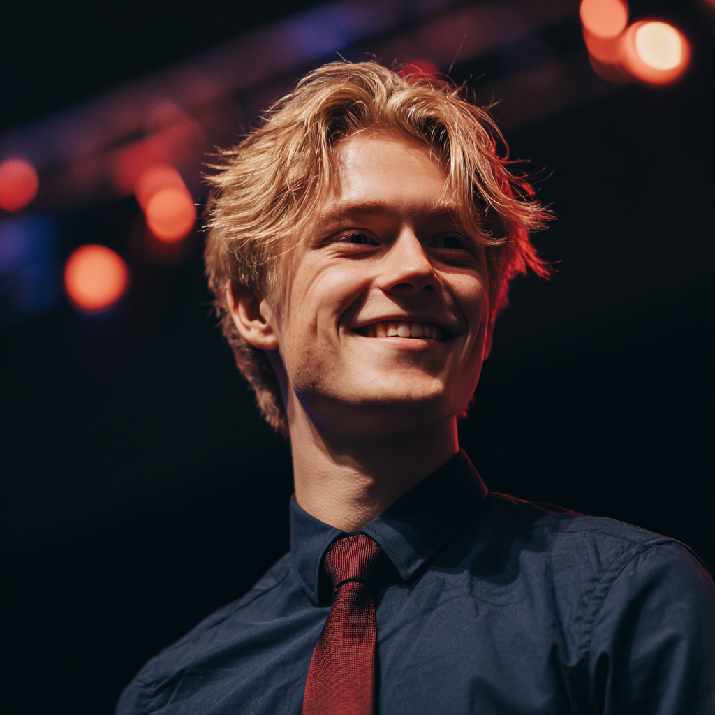 Un giovane sorridente in piedi su un palco | Fonte: Midjourney