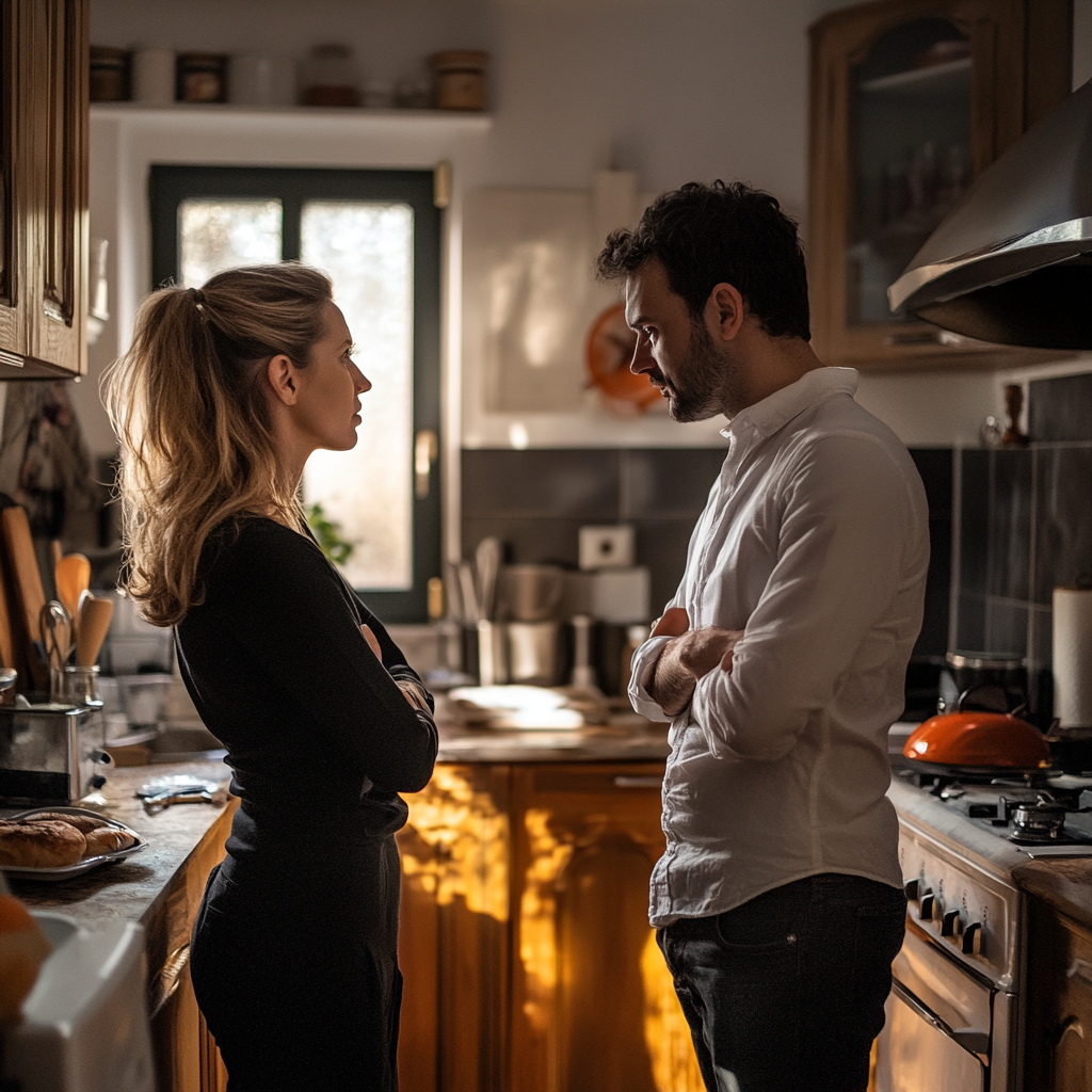 Mujer enfrentándose a un hombre en la cocina | Fuente: Midjourney