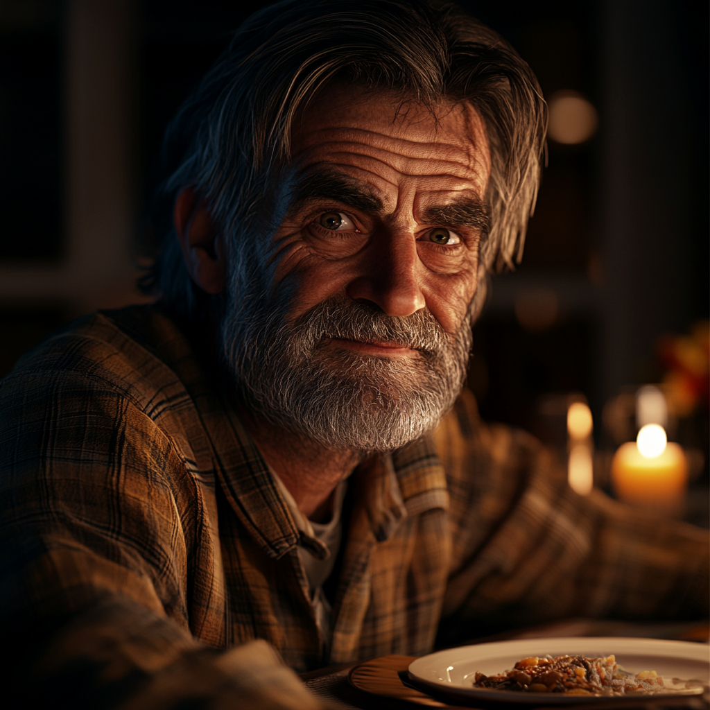 Un hombre mayor sonriente sentado a la mesa del comedor | Fuente: Midjourney