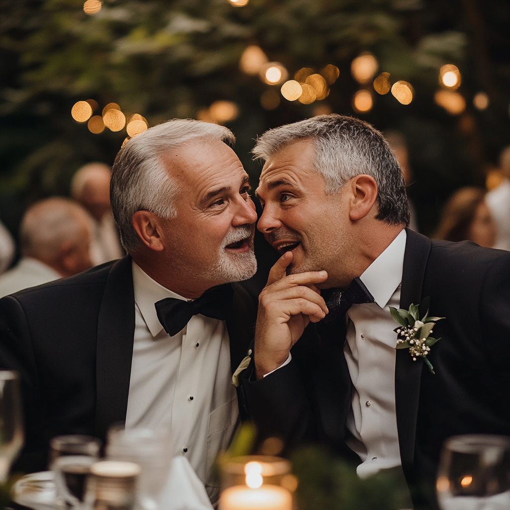 El novio susurrando a su amigo durante el banquete de boda | Fuente: Midjourney