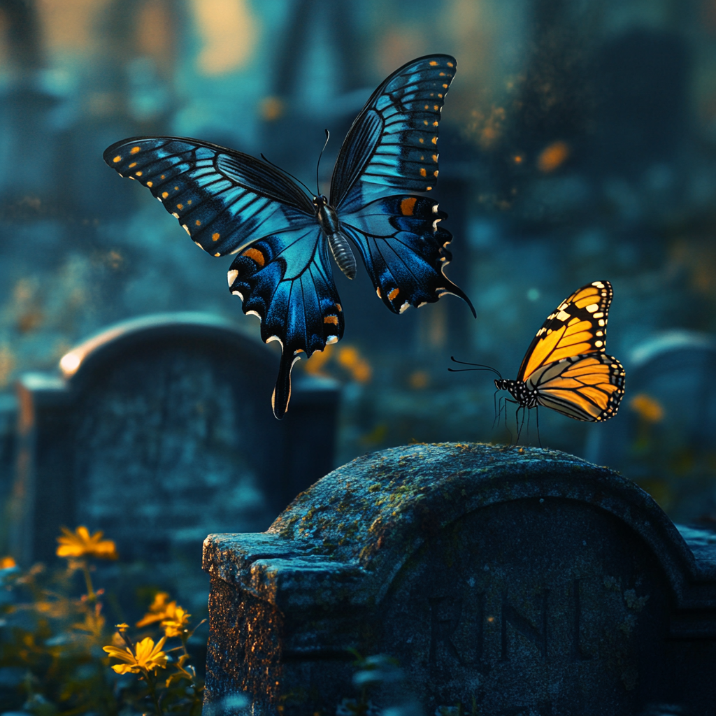 Dos mariposas en un cementerio | Fuente: Midjourney