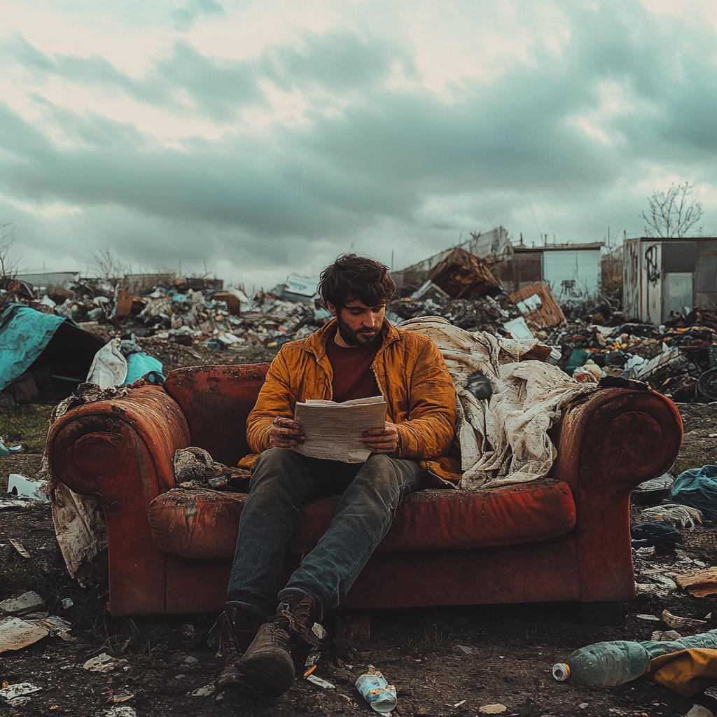 Hombre sentado en un viejo sofá leyendo un periódico | Fuente: Midjourney