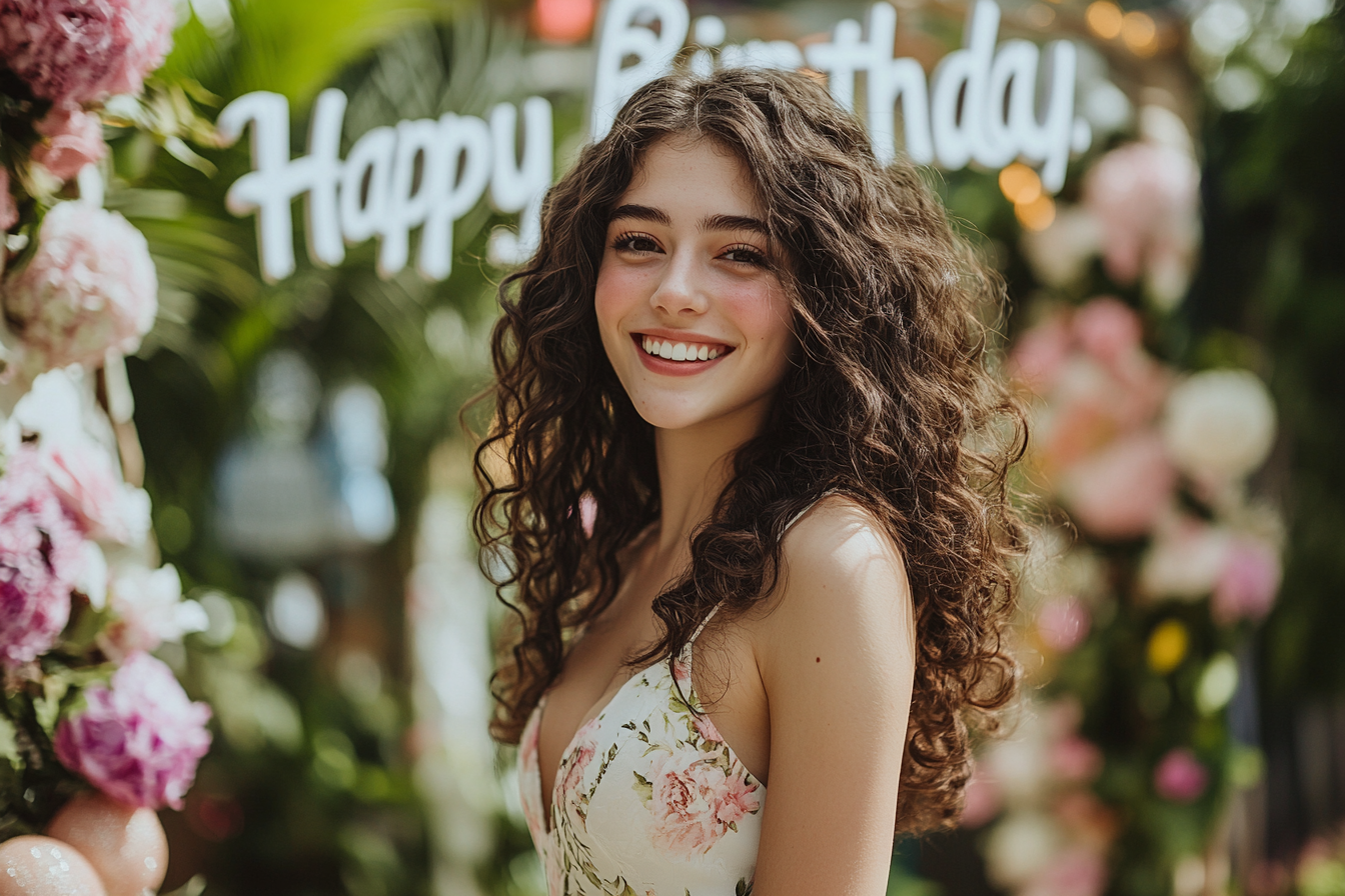 Una mujer alegre rodeada de adornos celebrando su cumpleaños | Fuente: Midjourney