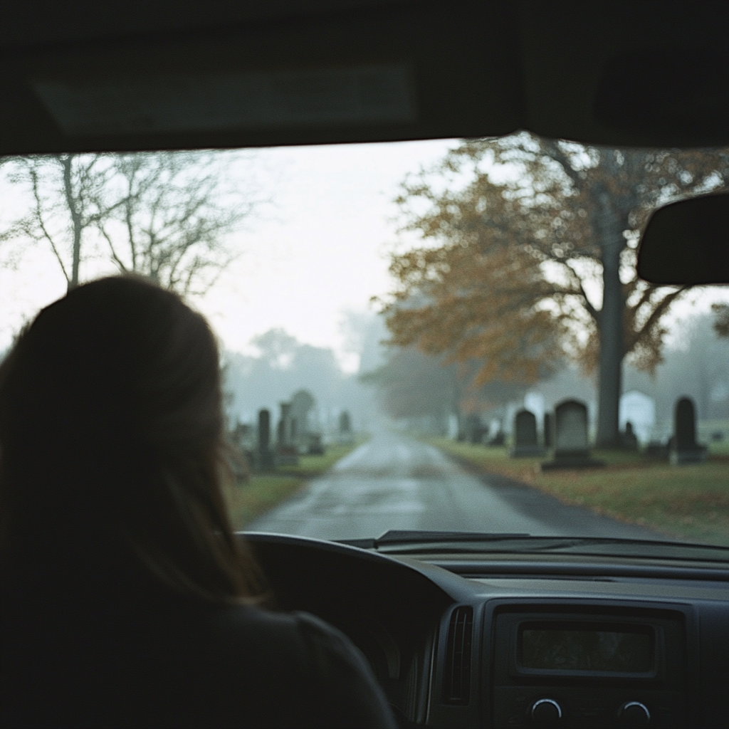 Una mujer conduciendo hacia un cementerio | Fuente: Midjourney