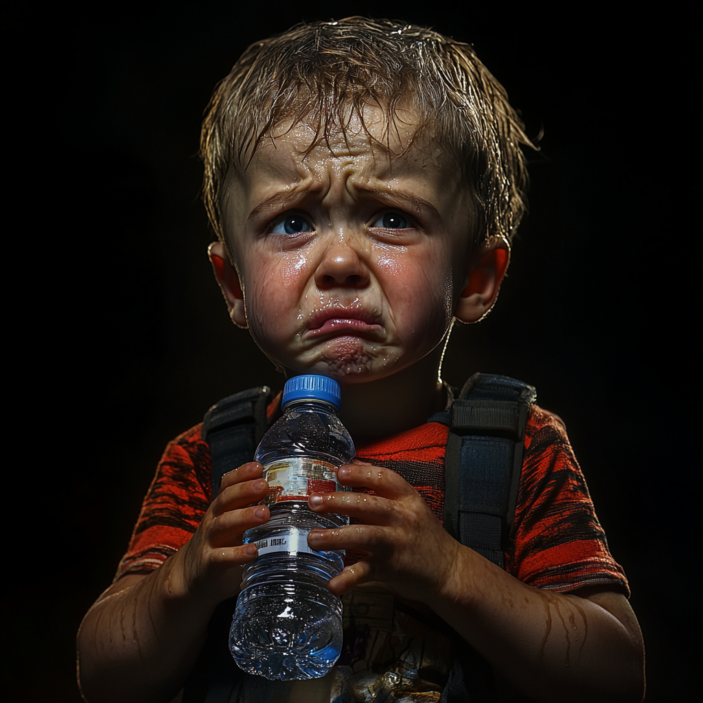 Un niño llorando con una botella de agua | Fuente: Midjourney