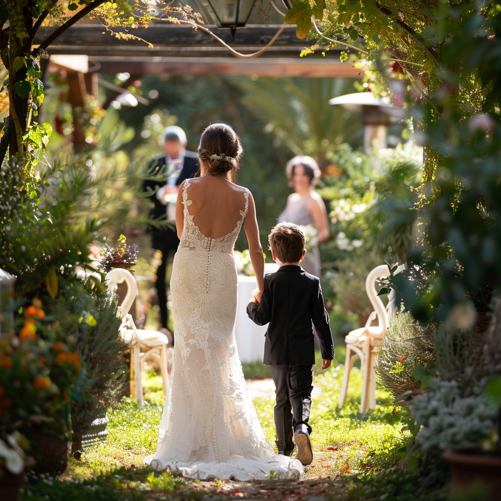 Una novia caminando hacia el altar con un niño | Fuente: Midjourney