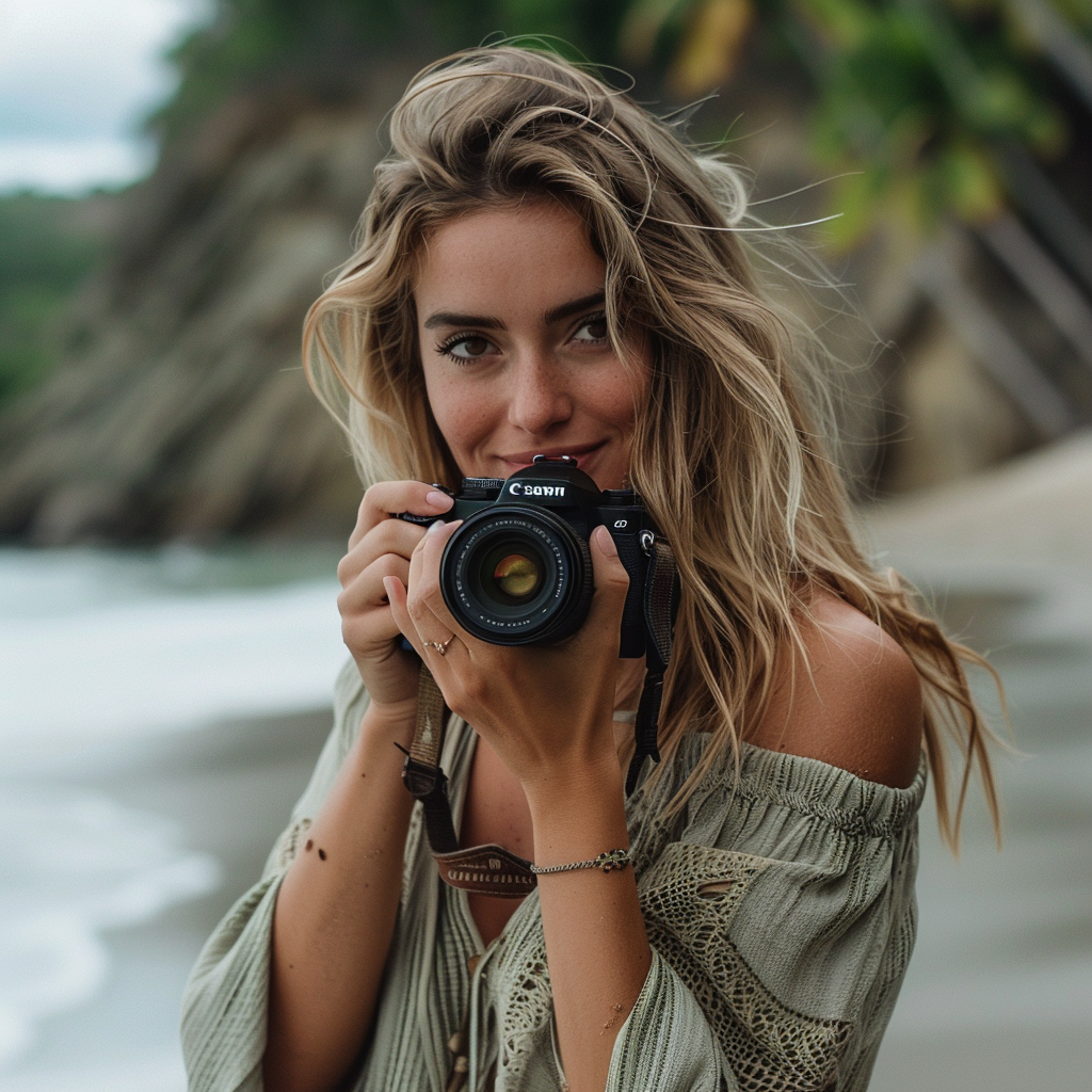 Una mujer haciendo fotos con su cámara en una playa | Fuente: Midjourney