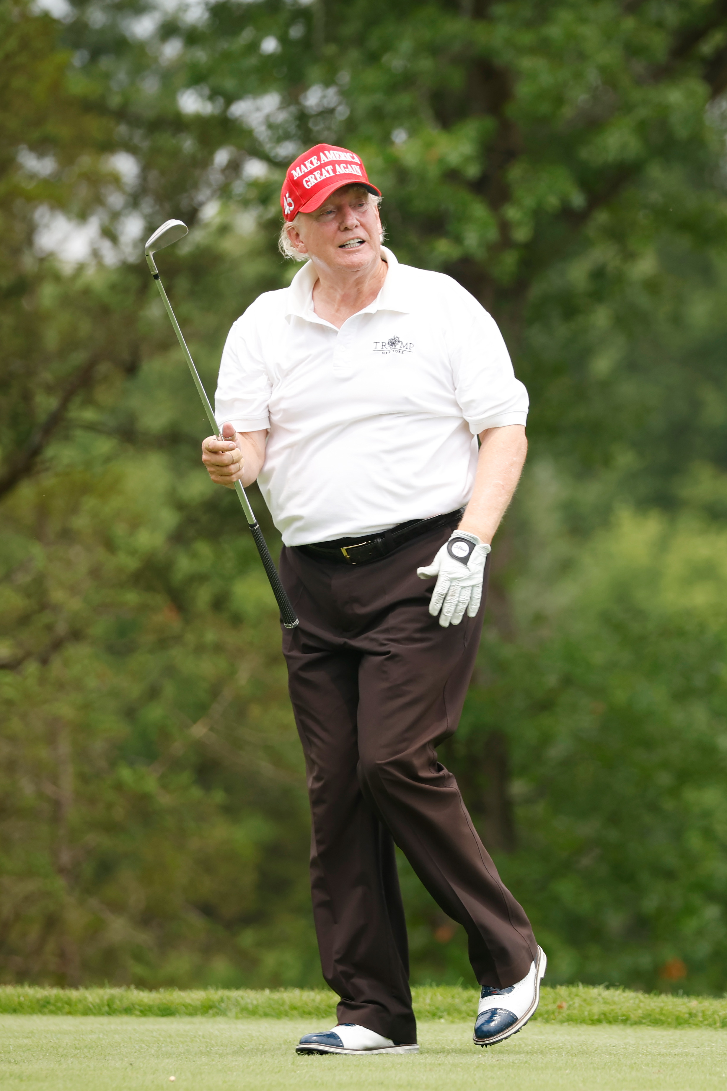 Donald Trump aparece relajado, a medio camino, sujetando un palo con una mano mientras sonríe ligeramente. Los tonos desiguales de la piel son claros, sobre todo alrededor de la barbilla y las sienes.