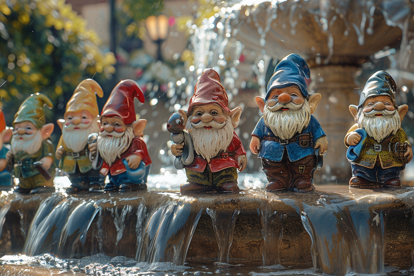 Figuritas de gnomos en una fuente | Fuente: Midjourney