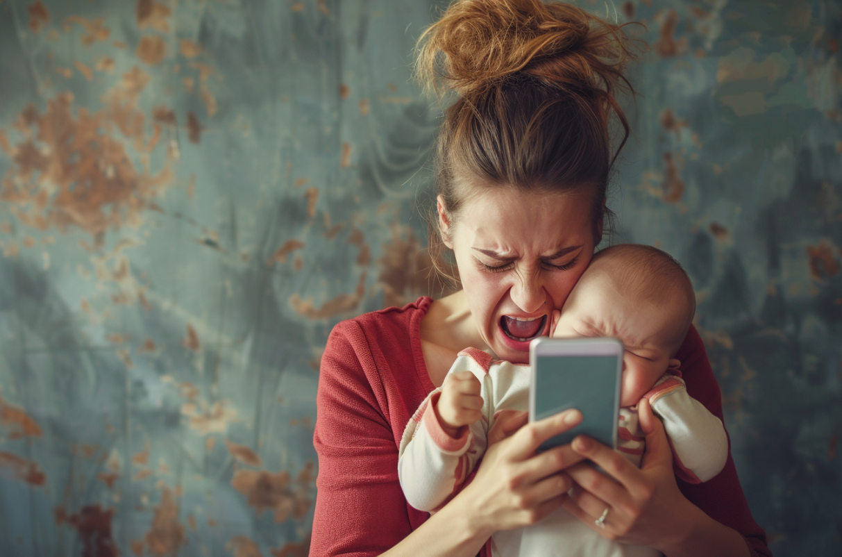 Una madre sostiene a un bebé que llora mientras utiliza su teléfono | Fuente: Midjourney