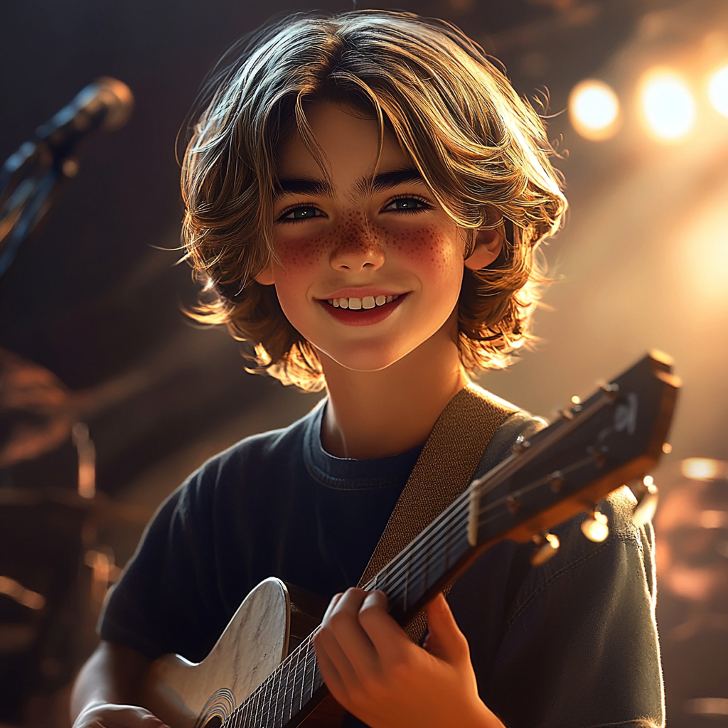 Un niño encantado tocando la guitarra en el escenario | Fuente: Midjourney