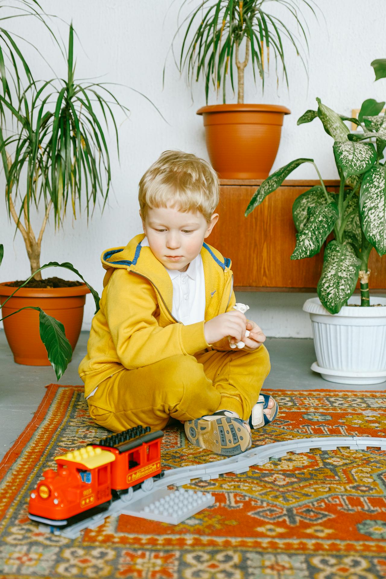 Un niño jugando con su tren de juguete | Fuente: Pexels