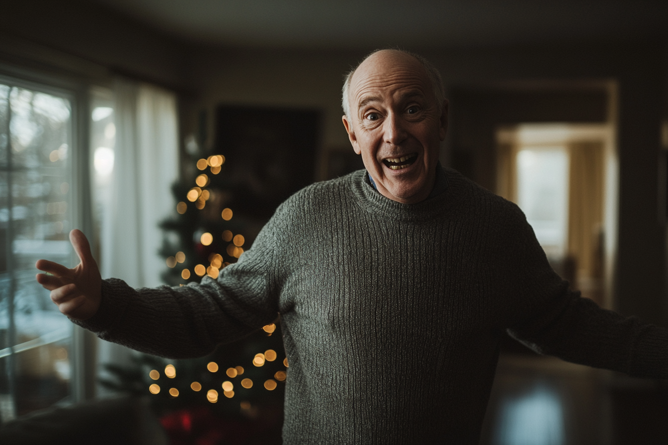 Hombre de unos 60 años encogiéndose de hombros en un salón con un árbol de Navidad | Fuente: Midjourney