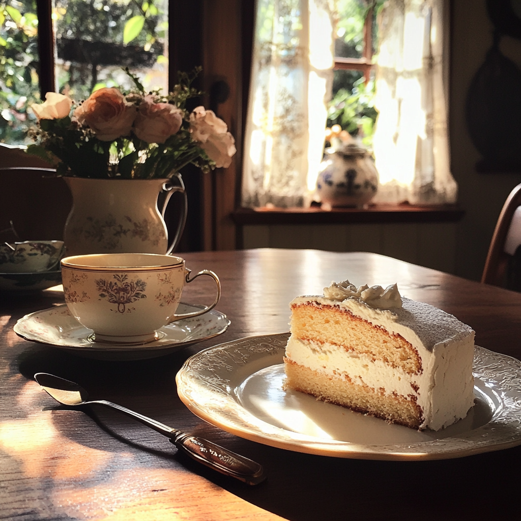 Pastel y té sobre una mesa | Fuente: Midjourney