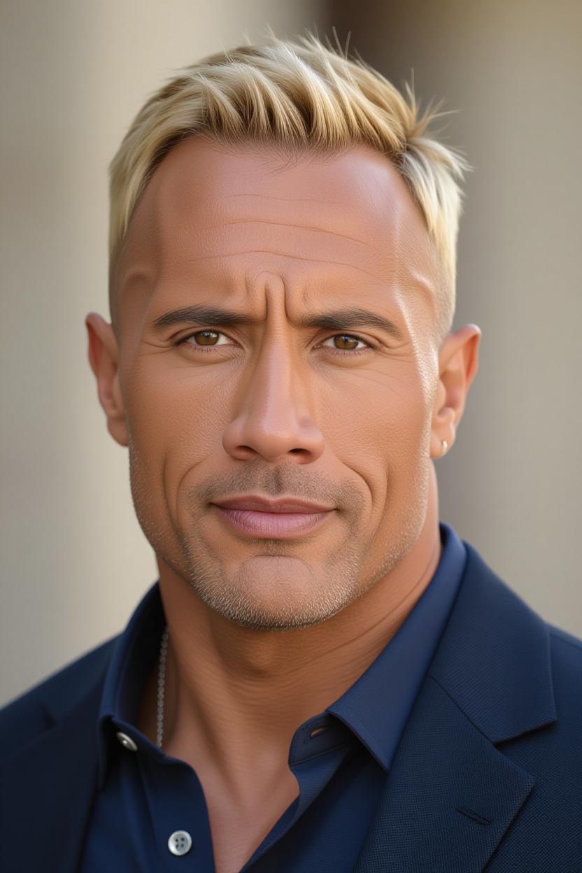 Una imagen generada por IA de Dwayne Johnson con un peinado diferente | Fuente: Grok