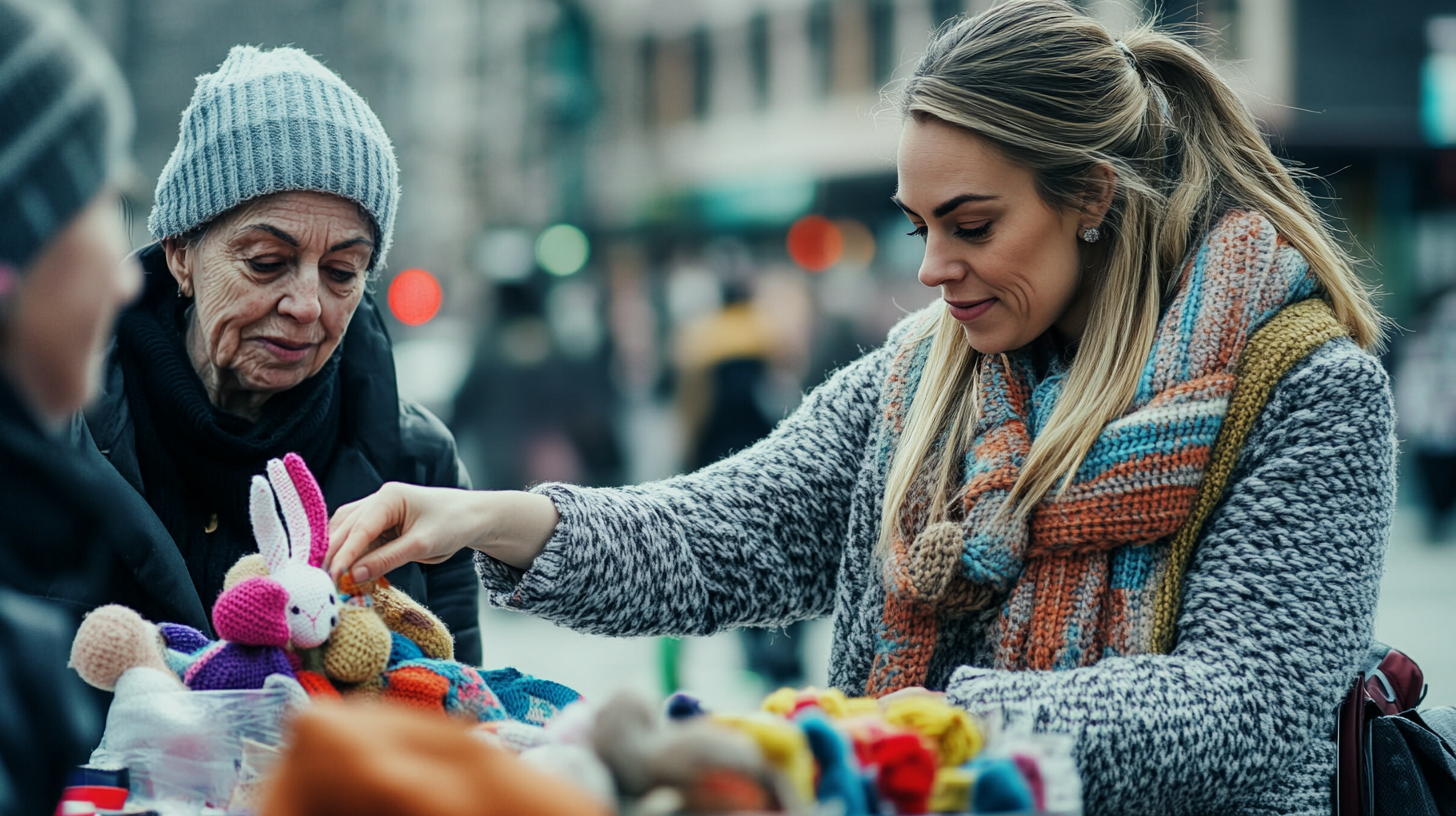 Mujer comprando un conejito tejido | Fuente: Midjourney