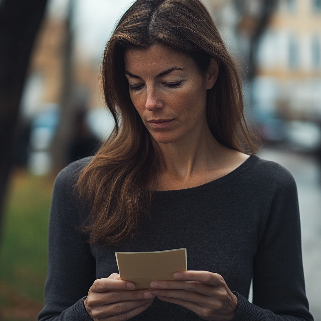 Una mujer mirando una nota | Fuente: Midjourney