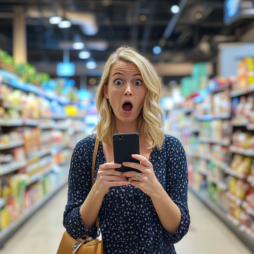 Una mujer conmocionada en un supermercado | Fuente: Midjourney