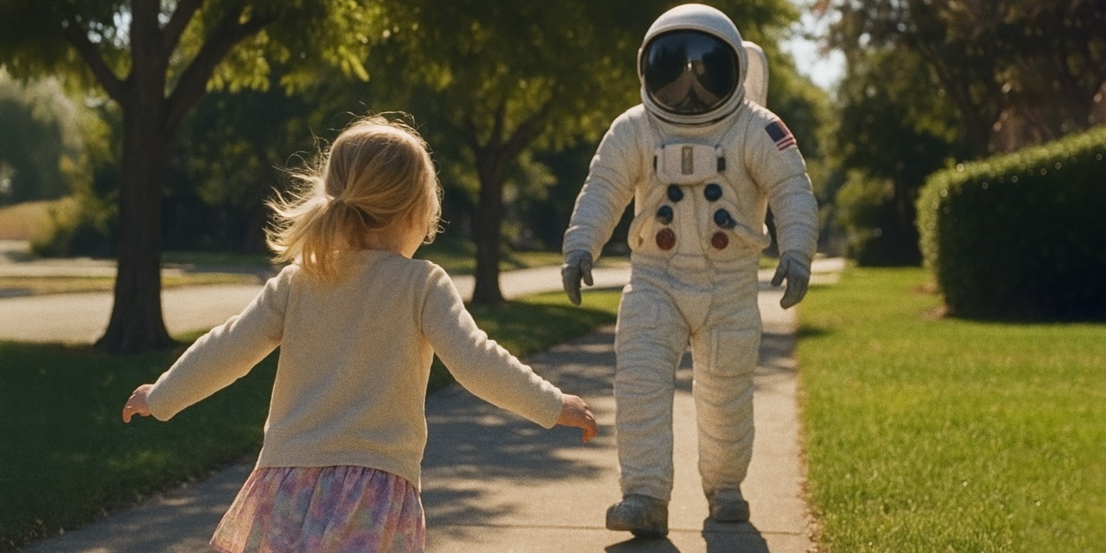 Una niña y un astronauta. | Fuente: Sora