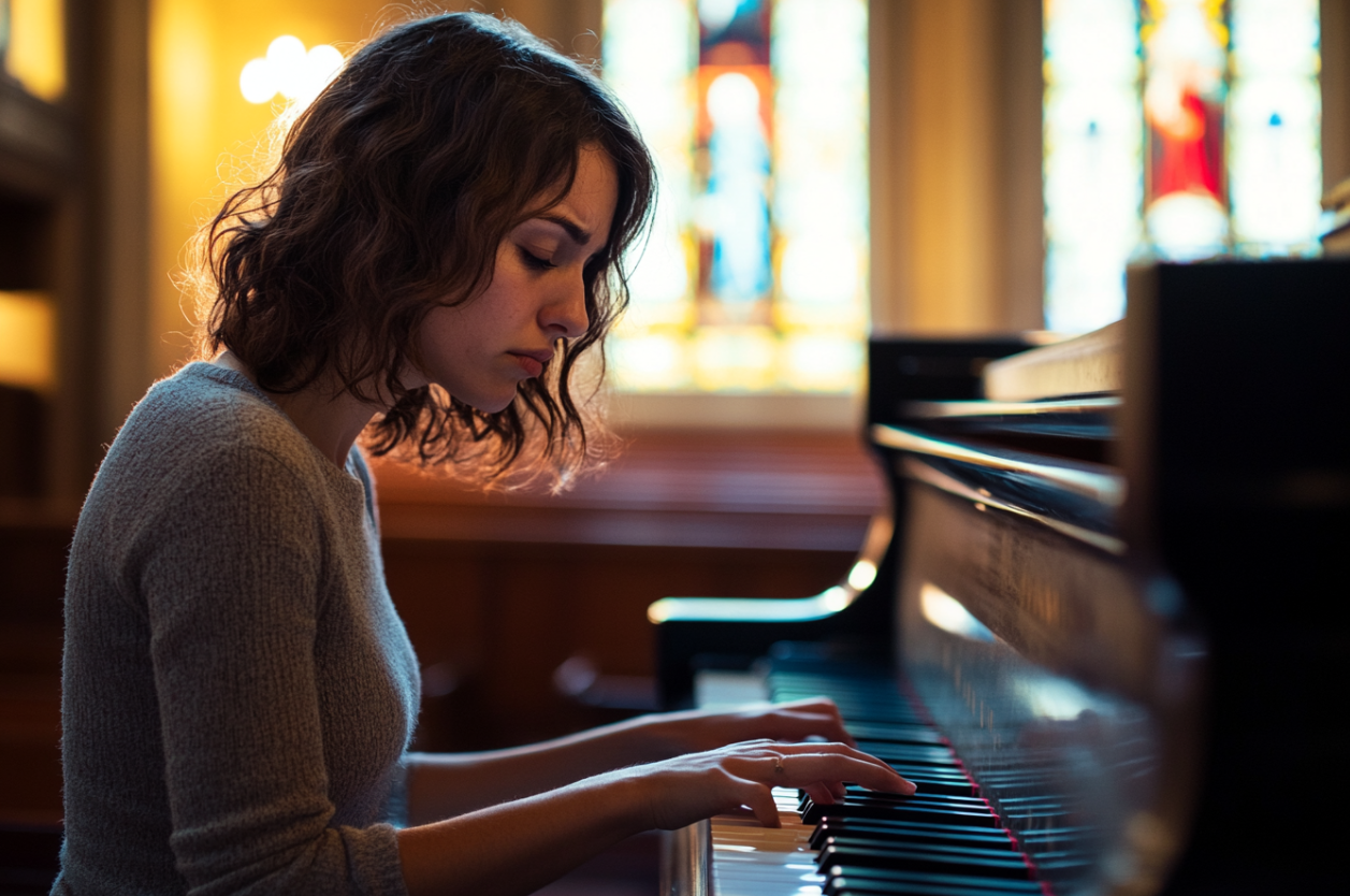 Una mujer con el ceño fruncido tocando el piano | Fuente: Midjourney