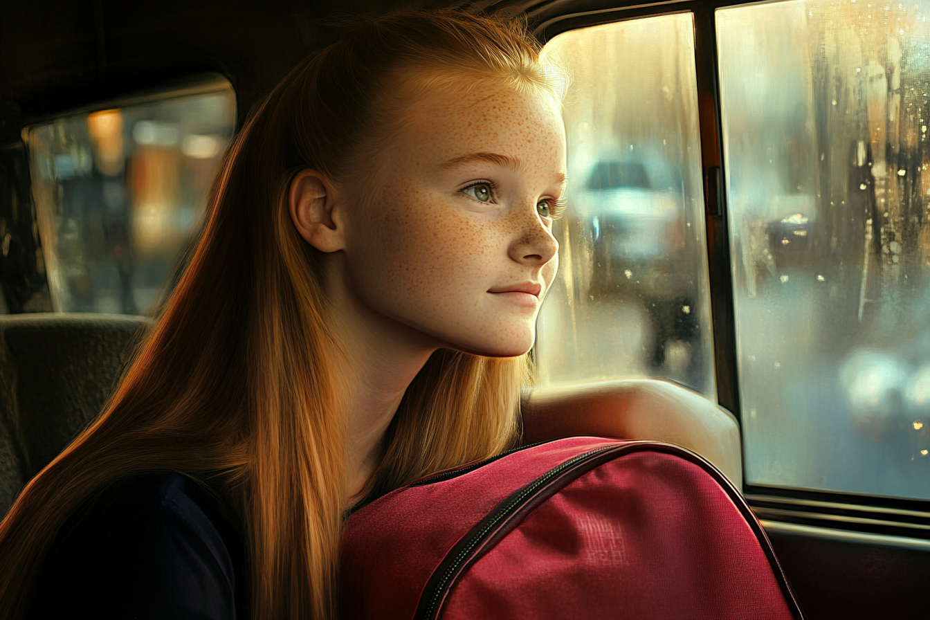 Una adolescente mirando por la ventanilla de un taxi | Fuente: Midjourney