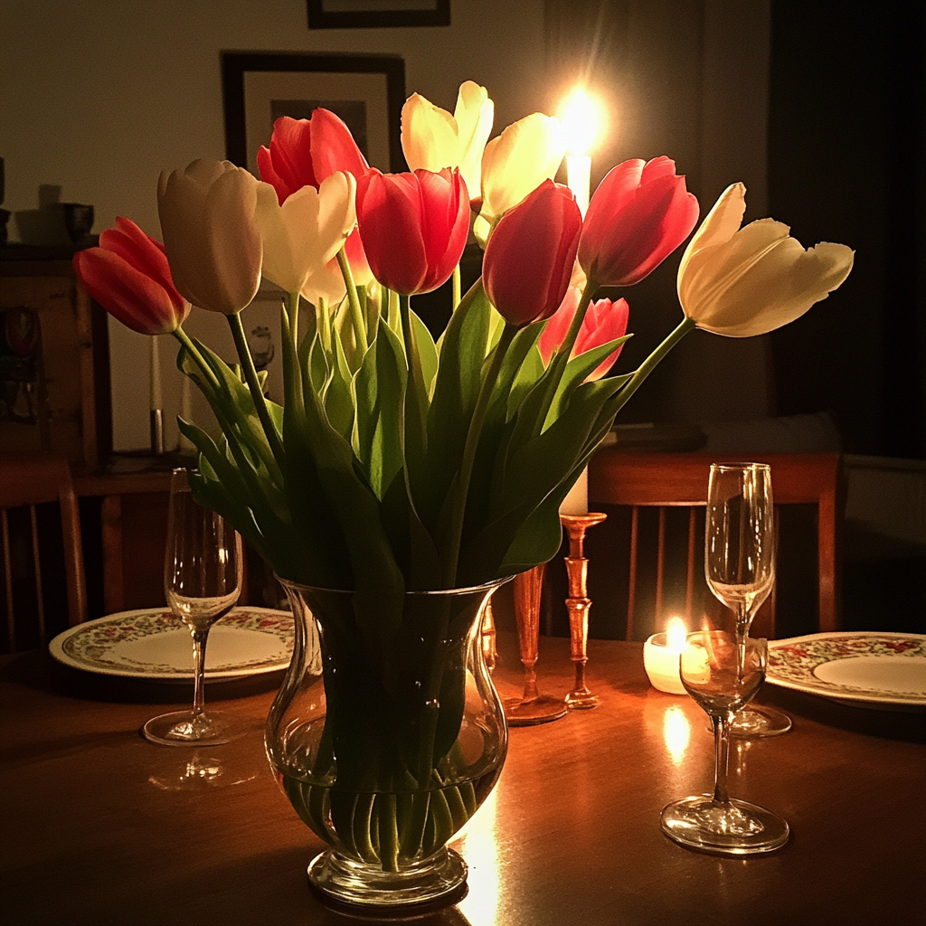 Un jarrón de tulipanes sobre una mesa de comedor | Fuente: Midjourney