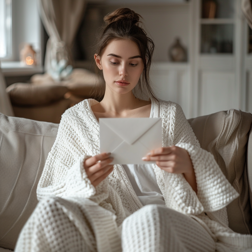 A woman with an envelope in her hands | Source: Midjourney