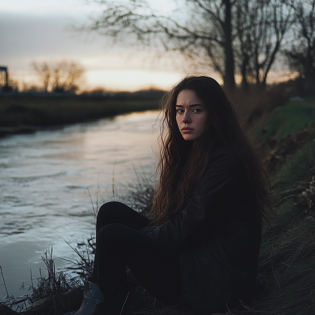 Una mujer sentada en la orilla de un río | Fuente: Midjourney