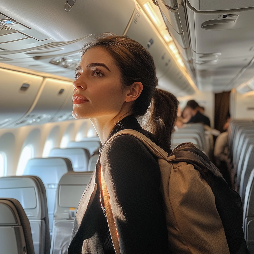 Mujer sacando su equipaje del compartimento superior en un avión. | Fuente: Midjourney