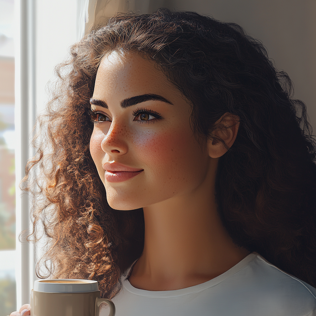 Una mujer sonriente con una taza de café en la mano | Fuente: Midjourney