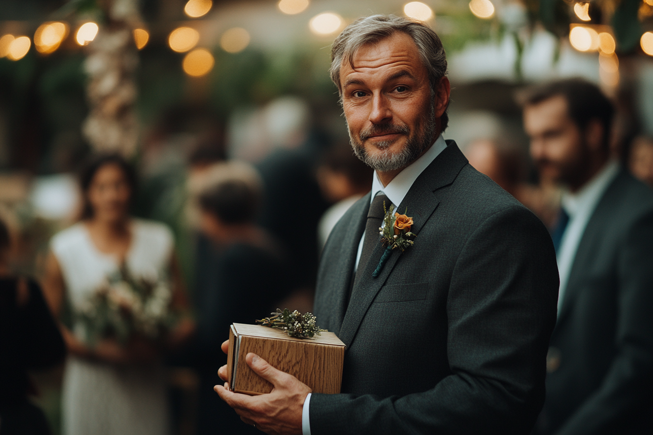 Un hombre con una mezcla de emociones que asiste a la boda de su hija | Fuente: Midjourney