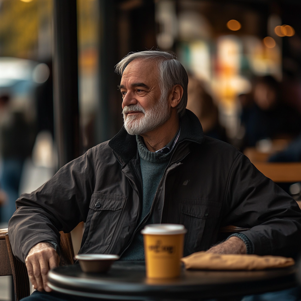 Un anciano mira hacia otro lado sentado en un café | Fuente: Midjourney