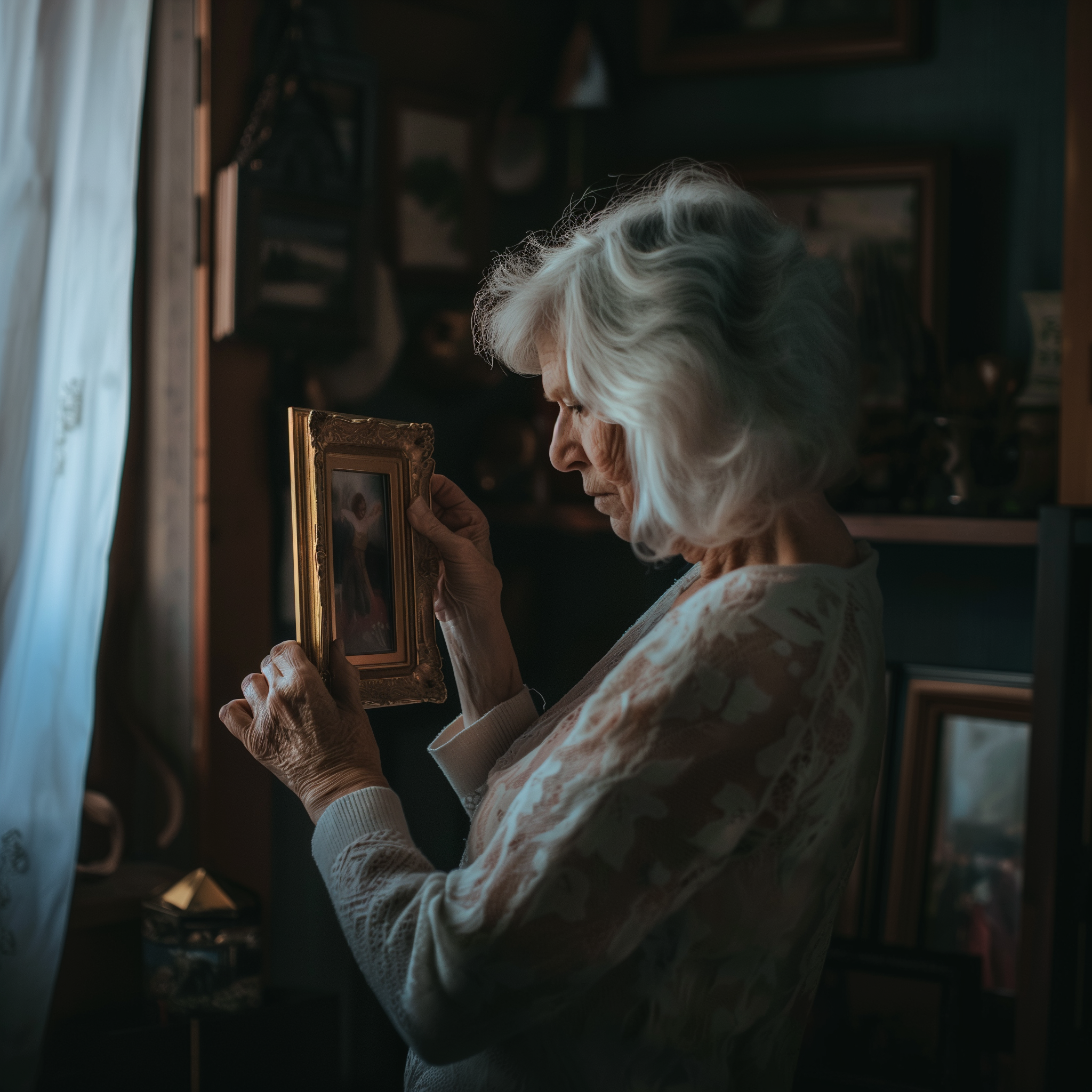 Una anciana sosteniendo un marco de fotos | Fuente: Midjourney