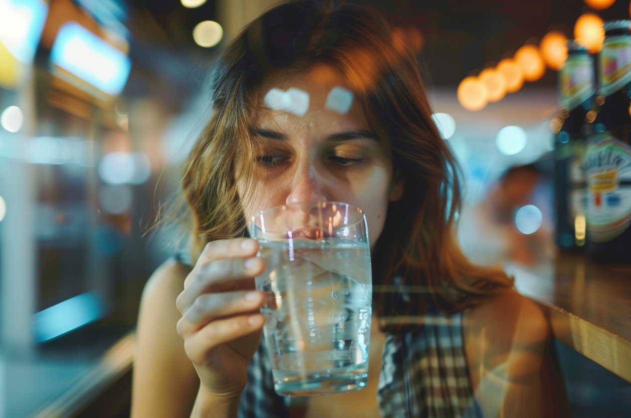 Una mujer engullendo un vaso de agua | Fuente: Midjourney