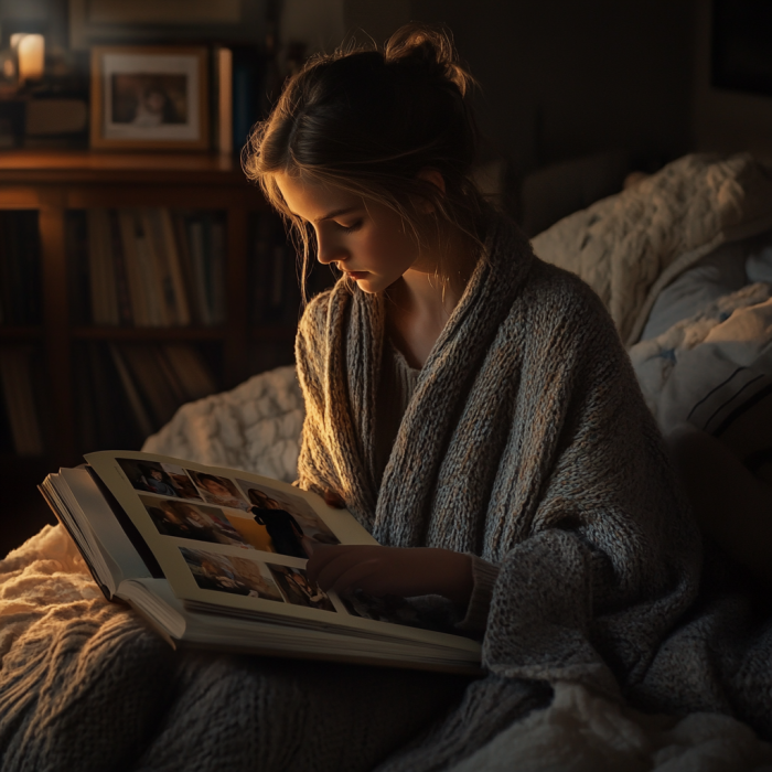 Una adolescente envuelta en una rebeca de adulto hojea un álbum de fotos familiar mientras la luz del atardecer llena la habitación | Fuente: Midjourney