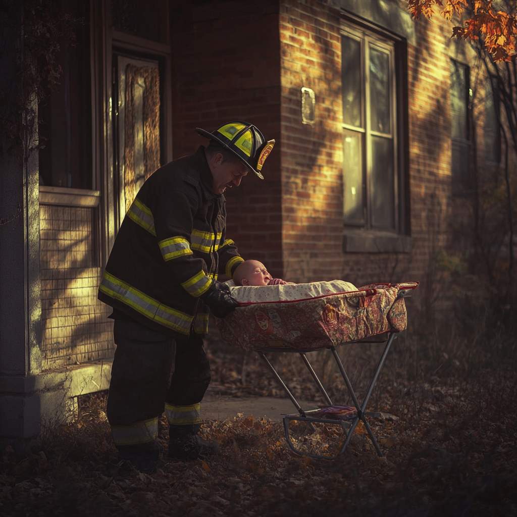 Un bombero rescatando a un bebé | Fuente: Midjourney