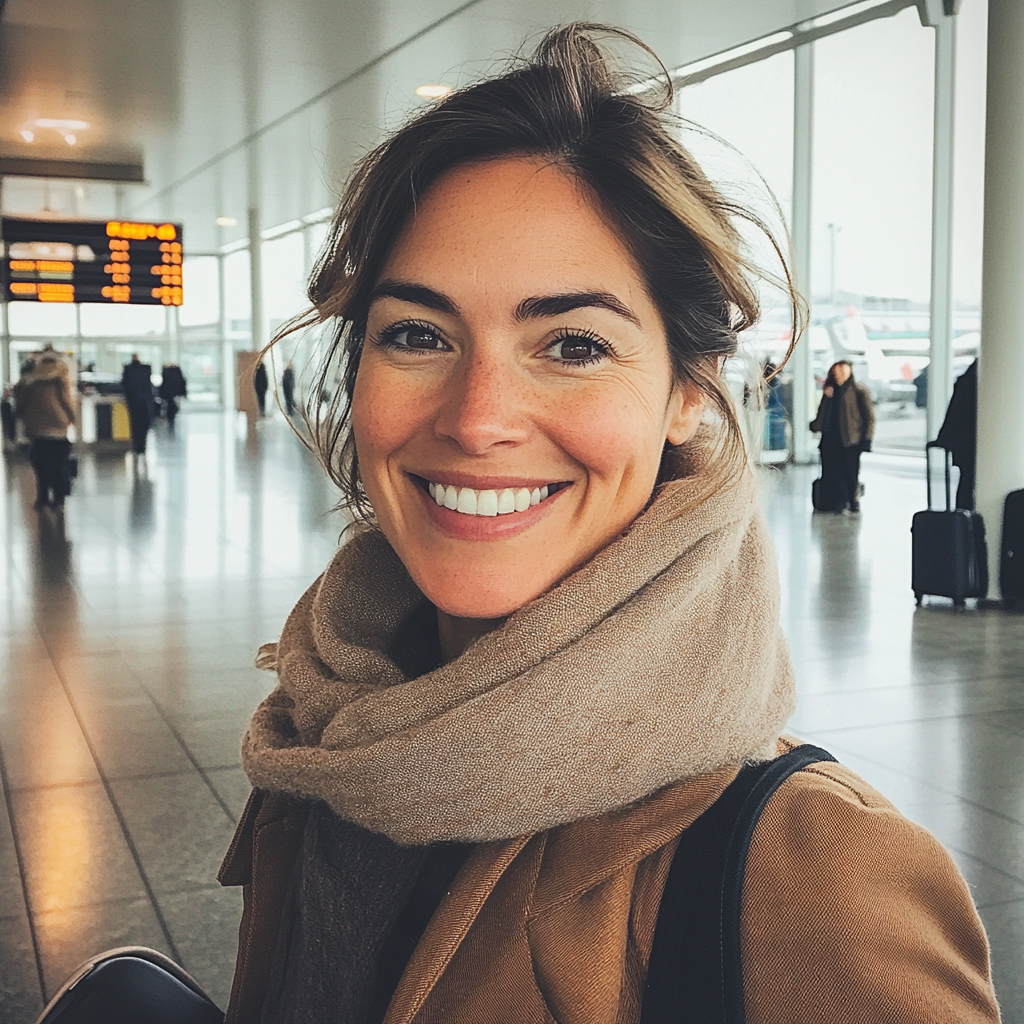 Una mujer sonriente en un aeropuerto | Fuente: Midjourney