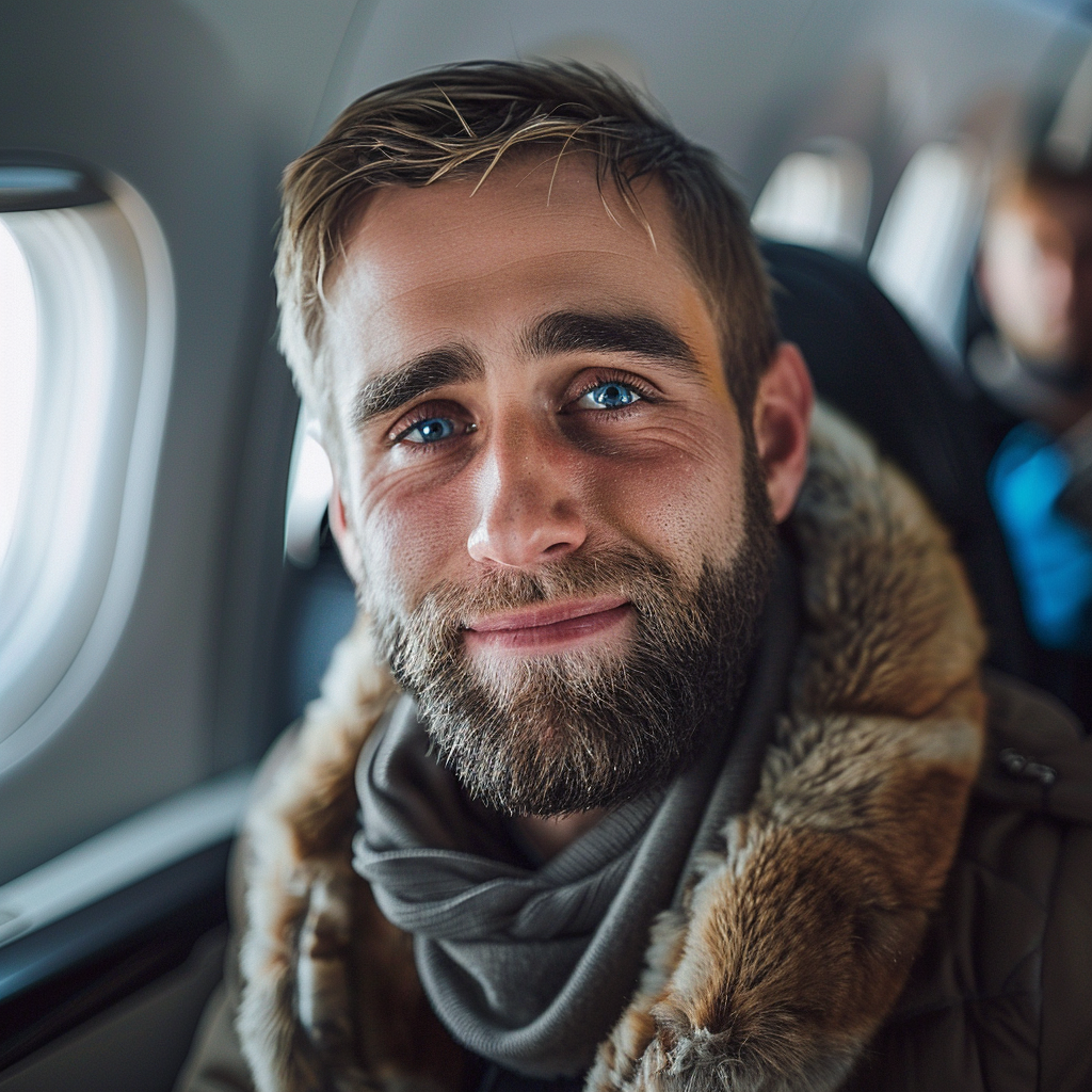 Un hombre sonriente sentado junto a la ventanilla de un avión | Fuente: Midjourney