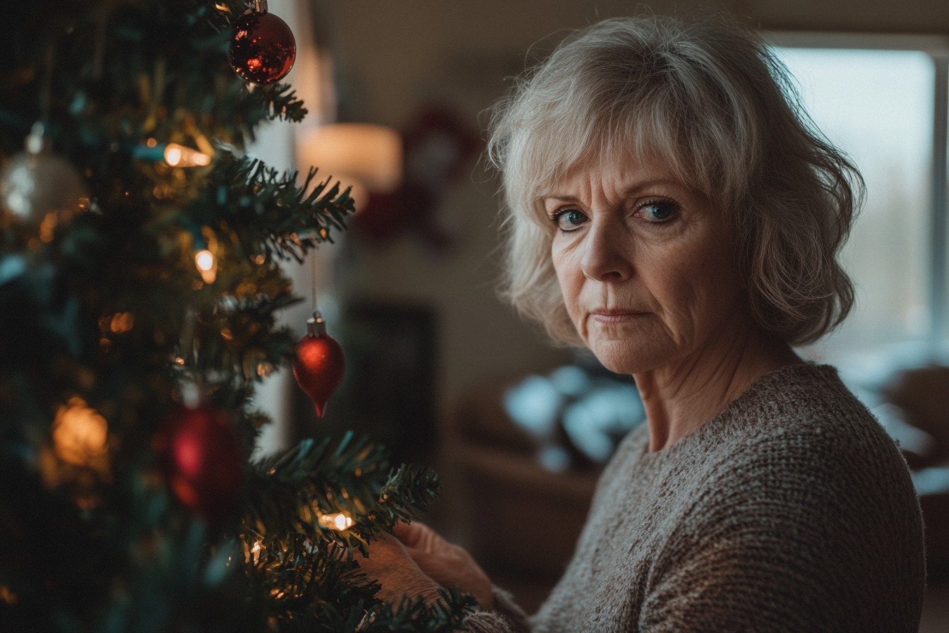 Una mujer madura decorando sola un árbol de Navidad | Fuente: Midjourney