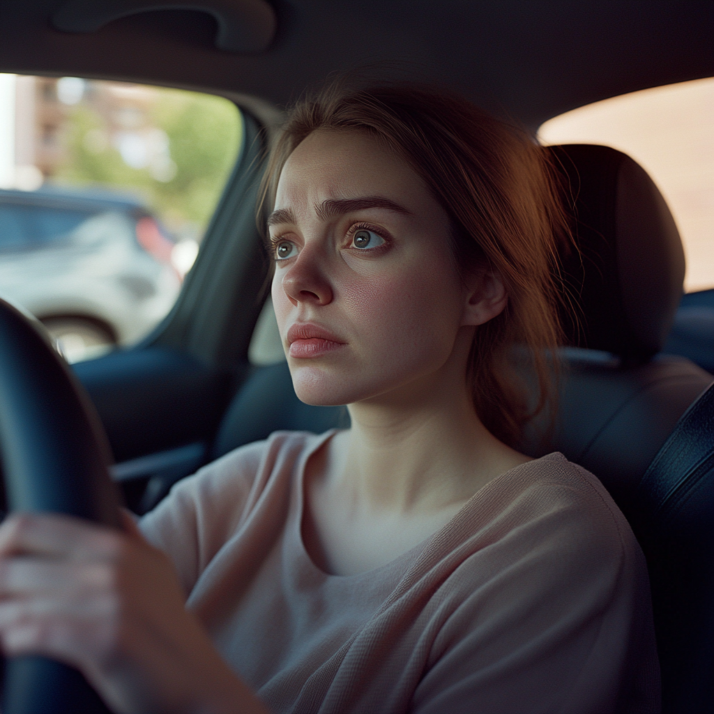 Una mujer sentada en un automóvil con las manos apretadas alrededor del volante | Fuente: Midjourney