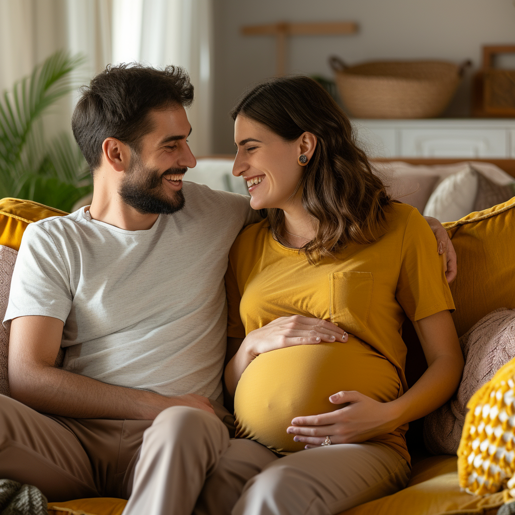 Una feliz pareja embarazada sentada en un sofá | Fuente: Midjourney