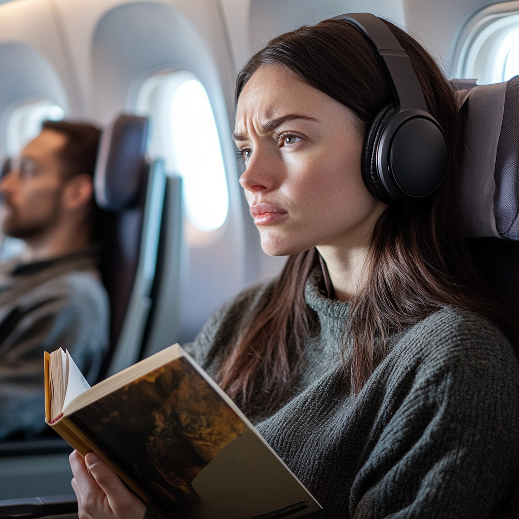 La mujer deja de leer, molesta por una patada persistente en su asiento. | Fuente: Midjourney