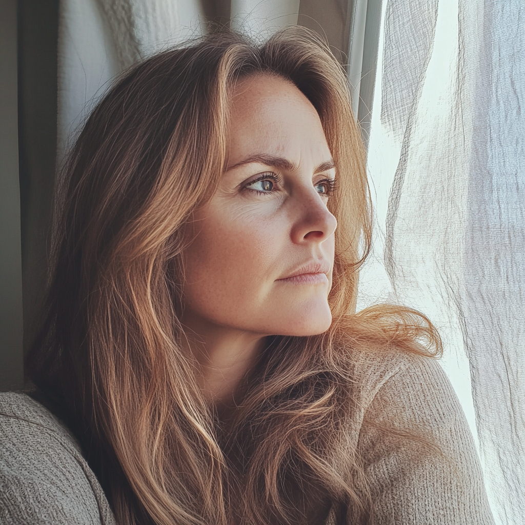 Una mujer triste sentada junto a una ventana | Fuente: Midjourney