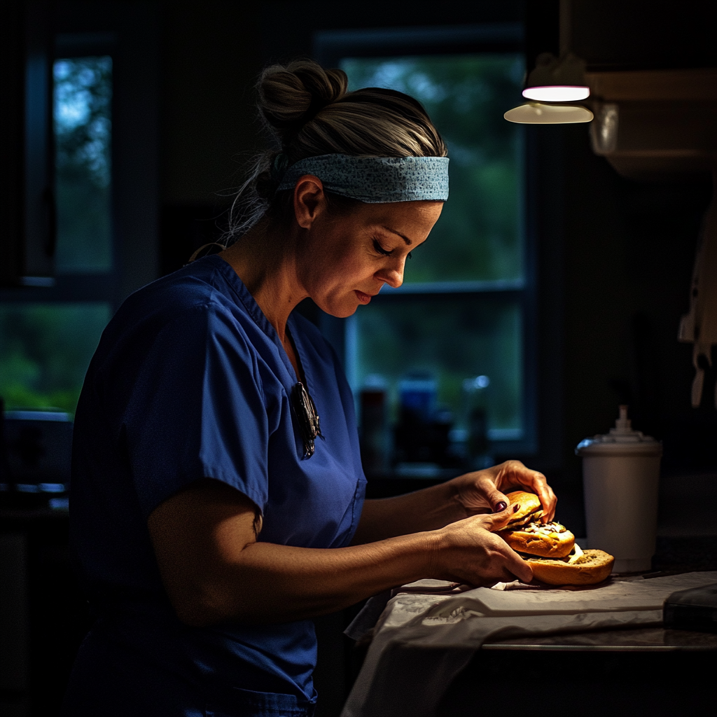 Una mujer cansada preparando un bocadillo | Fuente: Midjourney