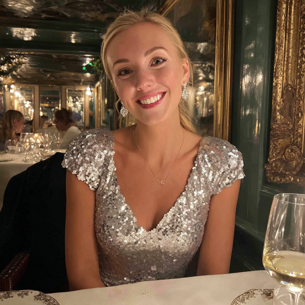 Una donna sorridente che indossa un abito di paillettes argentate | Fonte: Midjourney