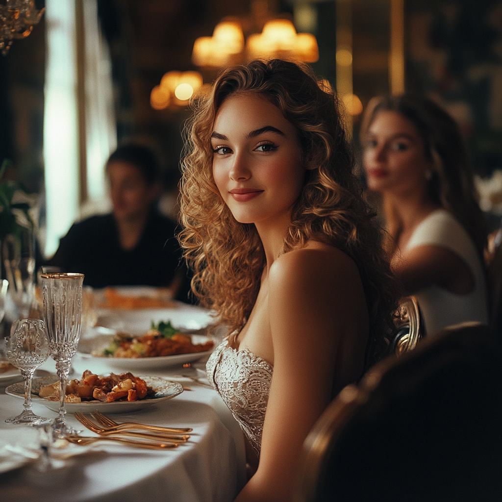 Una mujer sonriendo mientras disfruta de una cena con los miembros de su familia | Fuente: Midjourney